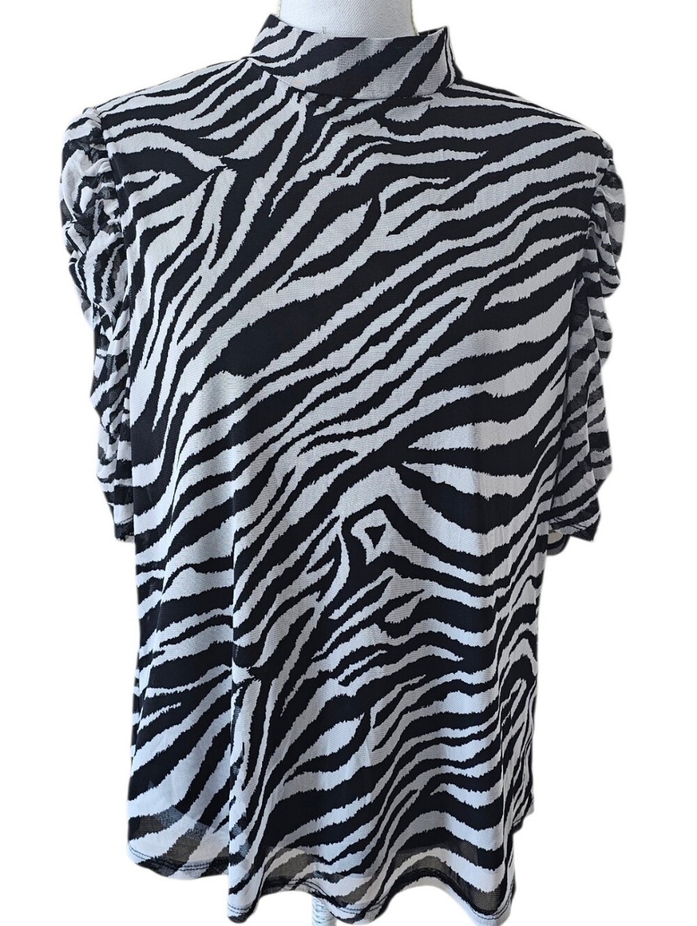 Perseption Concept Zebra Print Mock Neck Puff Sleeve Blouse XL